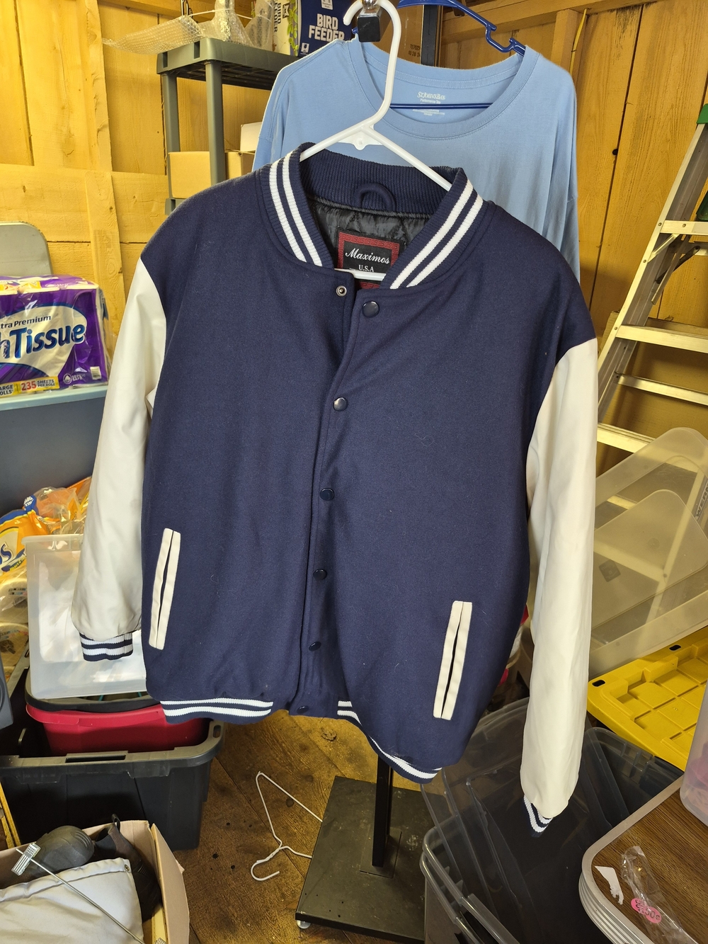 Maximos Navy and White Varsity Bomber Jacket Bin 51 NWOT